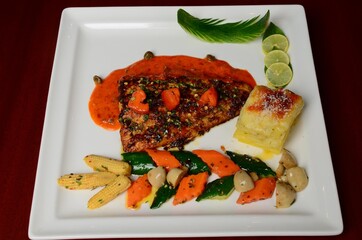 grilled salmon steak with vegetables
