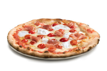 Pizza Margherita with Cured Ham and Cherry Tomatoes – Authentic Italian Food, Plate with Buffalo Mozzarella Cheese, Extra Virgin Olive Oil, Prosciutto di Parma – Close Up, Isolated on White Background