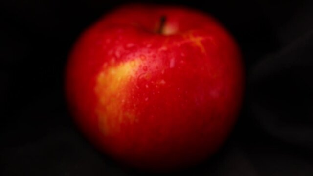 Red apple with water drops on black background
