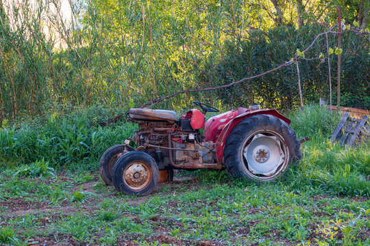 Abandoned red tractor in a field. 