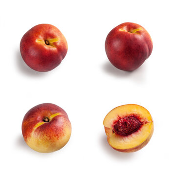 Nectarines in Group of Four &ndash; Bunch of Arranged, Smooth, Cut Open, Halved Peach Variety, Red and Yellow &ndash; Detailed Close-Up Macro on Red Stone, Top View, Above &ndash; Isolated on White Background