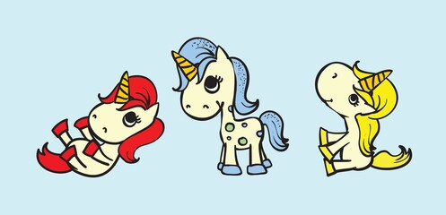 Fototapeta premium Set of beautiful unicorns with pop art elements