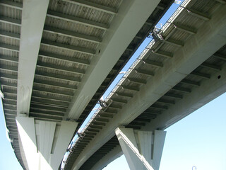 View under two highway bridge tracks