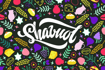 Shavuot (Jewish holiday) handwritten text and set of symbols (figs, garnet, grape, apple, Jewish star, cheese, olive, milk, wheat). Doodle pattern. Hand lettering, modern brush calligraphy. Vector  