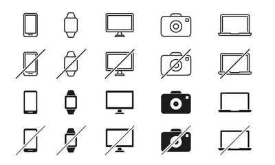 Set of Devices Line Icons. Smartphone, Tablet PC, Laptop, Camera, Smart Watch. Ban of Devices. Device Free Zone, Digital Detox. No or Stop Electronic Equipment. Editable stroke. Vector illustration