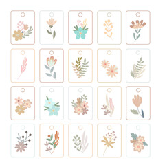 Pastel-colored rectangular boho simple flowers highlight labels set, flat style floral vector illustration for craft, handmade gifts, social media design