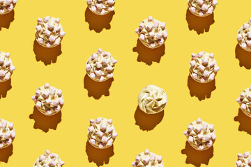 Milky cream cupcake. Birthday sweet bakery. Cookies. Yummy buttercream dessert. Wedding party food. Yellow background. Holiday recipe. Anniversary gourmet. Many different. Marshmallow. Trendy pattern