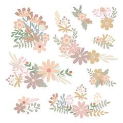 Obraz premium Simple flowers pastel-colored floral arrangement in flat style vector illustration, symbol of spring, cozy home, Easter holidays celebration decor, clipart for cards, bohemian springtime decoration