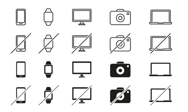 Set of Devices Line Icons. Smartphone, Tablet PC, Laptop, Camera, Smart Watch. Ban of Devices. Device Free Zone, Digital Detox. No or Stop Electronic Equipment. Editable stroke. Vector illustration