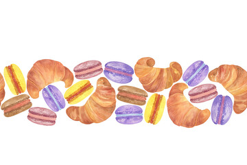 French macaroon tasty croissants seamless horizontal border watercolor illustration, dessert souvenir of trip to France, simple repeat ornament for Provencal summer holiday decor