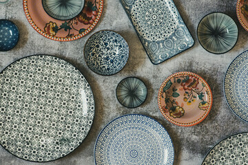 Beautiful traditional Moorish porcelain ceramic plates. illustrated middle eastern design. Marrakech Morocco. High quality photo 