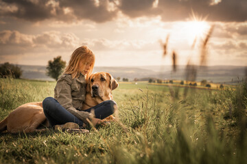 Beste Freunde - ein Kind lehnt sich an seinen Hund, einen Broholmer, an und beide genießen in der Natur den Sonnenuntergang an einem Spätsommertag - 428876117