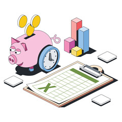 Pig piggy bank with coins, charts, clock and time, document table. Vector 3d line isometric, color web icons, new flat style. Creative design idea for infographics.