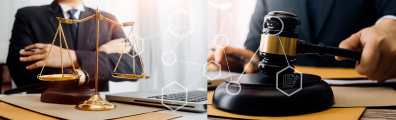 Justice and law concept.Male judge in a courtroom with the gavel, working with, computer and docking keyboard, eyeglasses, on table in morning light