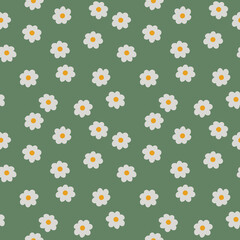 Seamless pattern with white flowers on a green background. Vector illustration of a flower pattern. Seamless daisy pattern. Modern design for paper, cover, fabric, interior and other users.