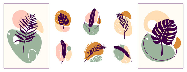 Abstract organic shapes with tropical plants vector set. Minimal art design. Foliage drawing with fluid geometric forms, dots and lines