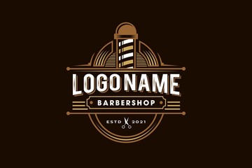 barbershop pole badge logo design icon, gold, white and brown ornamental hipster Vintage retro classic Victorian style barber salon logo vector