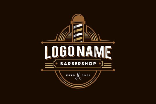 barbershop pole badge logo design icon, gold, white and brown ornamental hipster Vintage retro classic Victorian style barber salon logo vector