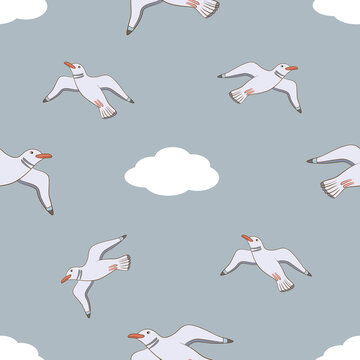 vector graphic seamless pattern with seagulls and clouds