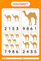 How many counting game with camel. worksheet for preschool kids, kids activity sheet, printable worksheet