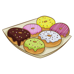 A set of colorful donuts in icing on a plate, isolated on a white background. Vector illustration in cartoon flat style.