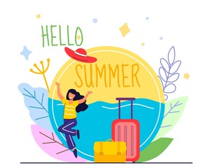 Summer vacation design for travel Girl jumping and enjoying sun and trip Summer holiday with packed suitcase and briefcase Vector Illustration concept