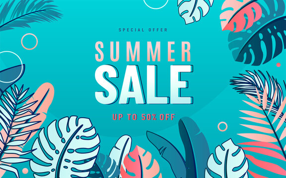 Summer sale vector background with nature tropical leaves border. Promo design summertime card template in blue and pink color