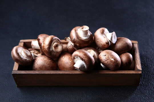 Royal Champignon Mushroom In A Long Wooden Box. Several Fresh Mushrooms In Wooden Box. View From Above. Copy Space. Photo On A Black Background.