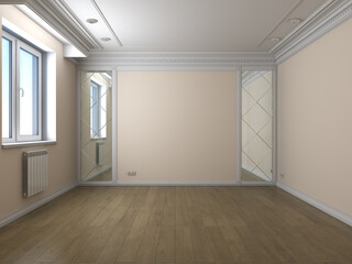 Empty Interior with Plastic Window, Beige Walls, Parquet Floor, White Molding and Two Mirrors. 3d illustration 3840x2880