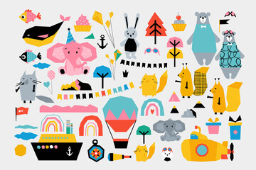 Children's set with animals travelers . Vector collage  cut edges style