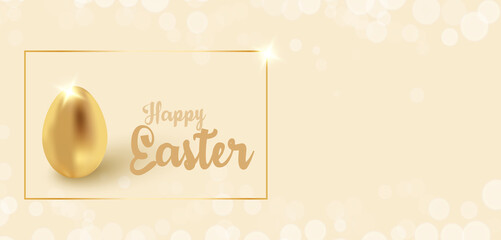 Festive design for greeting cards and web banners. Golden egg - Easter greeting card for wishes for money and success. Background with spring flowers and tree branches.
