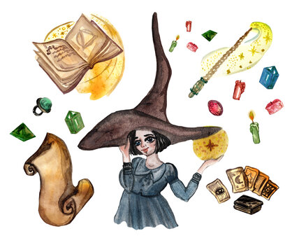 watercolor collection of witch in big old hat with magic attributes