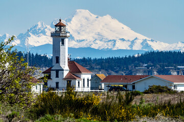 Mount Baker and lighthouse in Port Townsend, Washington  - 428880919