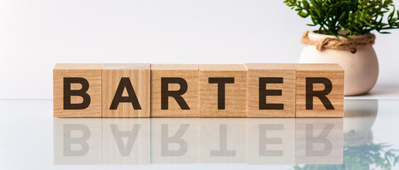 text barter on wooden blocks, flower in the background, front view concepts