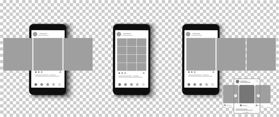 Blank template, mock-up page of social media mobile app. Post, history. Tape of photos. Page interface design. Vector illustration.
