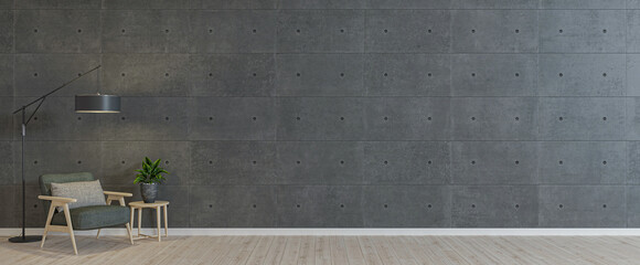 Empty room with armchair on empty dark gray concrete  wall background. Modern minimalist interior with armchair, plant, table and a lamp. 3d rendering. © AestheticMockup