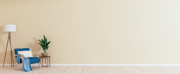 Empty room with armchair on empty beige wall background. Modern minimalist interior with armchair, plant, table and a lamp. 3d rendering.