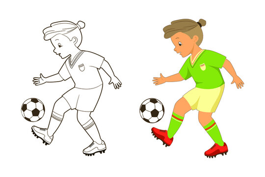 Coloring book, boy soccer player kicks the ball.Vector illustration in cartoon, flat style, line art