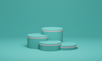 Stepped pedestal of four turquoise cylinders with white stripe in studio lighting on turquoise background. 3d render.