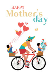 Happy mother, son and daughter enjoy cycling. Mothers day vector poster. Flat minimalist style illustration. Family leisure fun activity. Mom, kid boy, girl together Holiday card, banner background