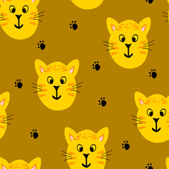 Seamless vector pattern with hand drawn cute cat heads and paws,kids illustration for interior design,textile, wallpaper,animal print for baby fashion,wildlife background