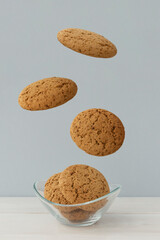 Three flying round cookiesand two cookies in little transparent plate on light grey background. Levitation of food, creative concept.