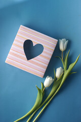 Delicate white tulips and a box with a heart