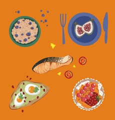 Set of food illustrations flat art. Breakfast set. Various tasty food. Cute hand drawn icons and logos.  Cartoon style. Flat design.