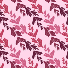 Seamless vector pattern with abstract tropical leaves, botanical illustration on pink background for fabrics, dresses, shirts, decoration.