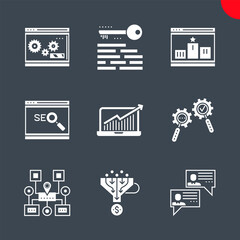 Glyph icons set with flat design of search engine optimization. Social chanels, keywording, sales funnel, sitemap navigation, search process, growth traffic, ranking.