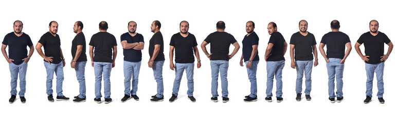 view of the same latino american man standing in different poses on white background,