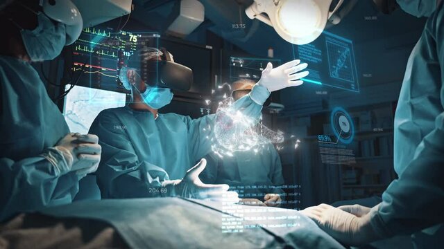 Surgeons examine patient organ using augmented reality holographic headsets. Doctor analysis health status interacting with virtual interface. Animation of digital liver appearance. Future medicine