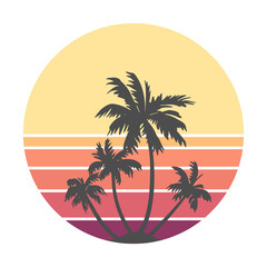 Retro vintage sunset in 80s-90s style. Black silhouettes of palm trees. Striped circle. Vector design template for logo, badges, banners, prints. Isolated white background.