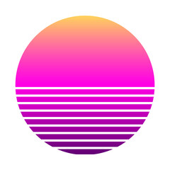 Retro sunset in the style of the 80s-90s. Abstract gradient background. Purple and yellow colors. Design template for logo, badges, banners, prints. Vector illustration on isolated white background